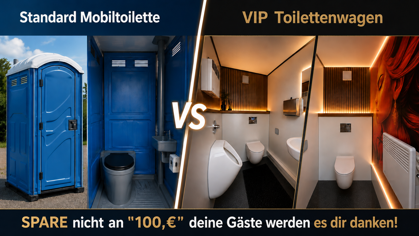 Vergleich: Standard Mobiltoilette aus Kunststoff gegen VIP Toilettenwagen mit Keramik-WCs, Warmwasser und LED-Beleuchtung